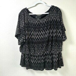 Alex Evenings Blouse Womens 3X Black Silver Chevron Ruffled Waist Top Party